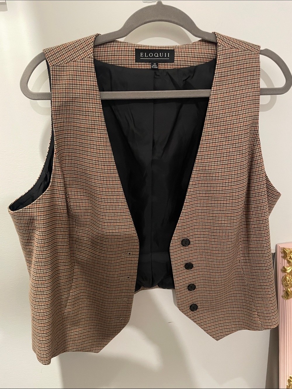 Eloquii Brown Glen Plaid Tailored Vest with Black Lining